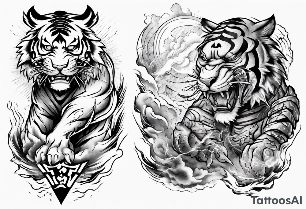 tiger warrior with lightning and the sun for a forearm sleeve tattoo idea