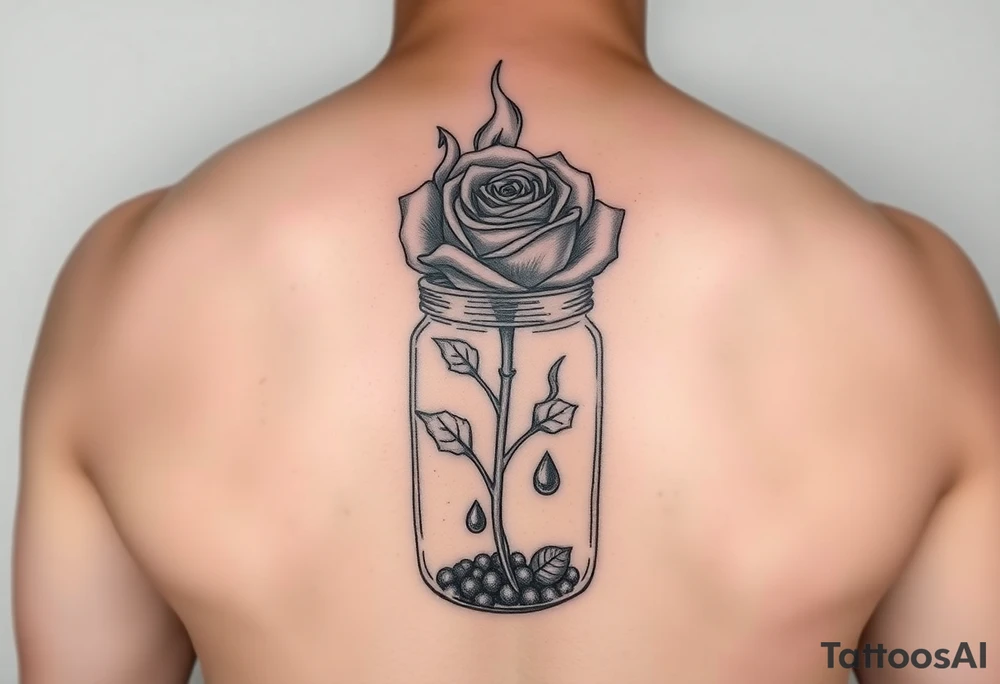 a rose on fire trapped in a jar with water drops tattoo idea