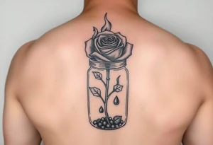 a rose on fire trapped in a jar with water drops tattoo idea