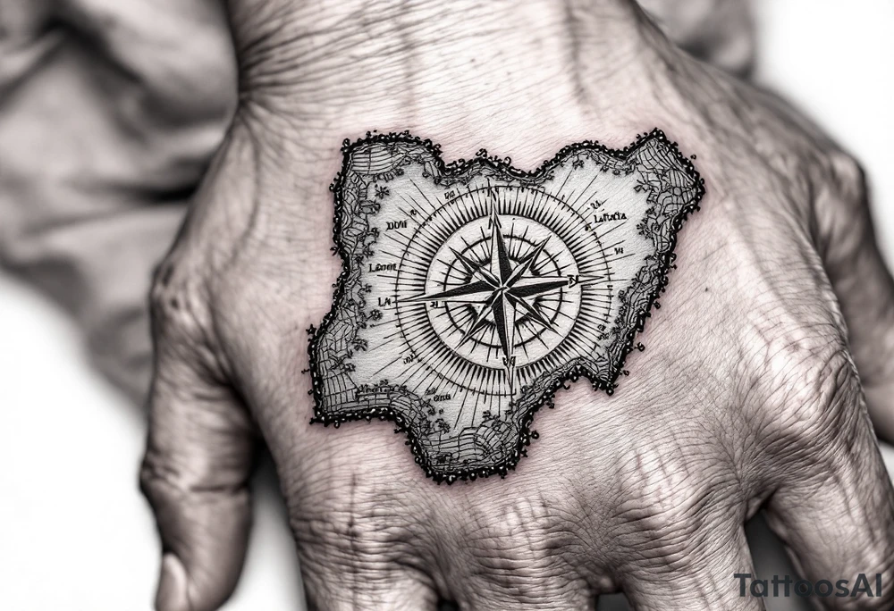 Compass on the back of the palm in the shape of Nigeria with longitude written on the top and latitude written on the bottom. tattoo idea