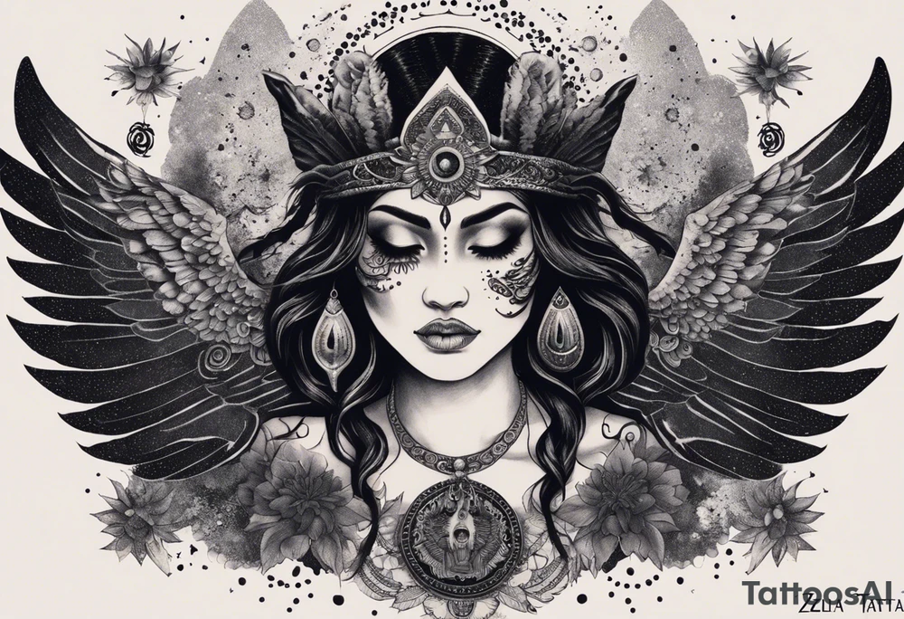 black kali, goddess pirate, alien, angel, pachamama, valkrye, warrior, flying, skull, lotus azul, wing, eagle, zenza resonance, stars, 5D, anahata chakra, death, durga, riding on a tiger, flying lady, chest tatoo tattoo idea