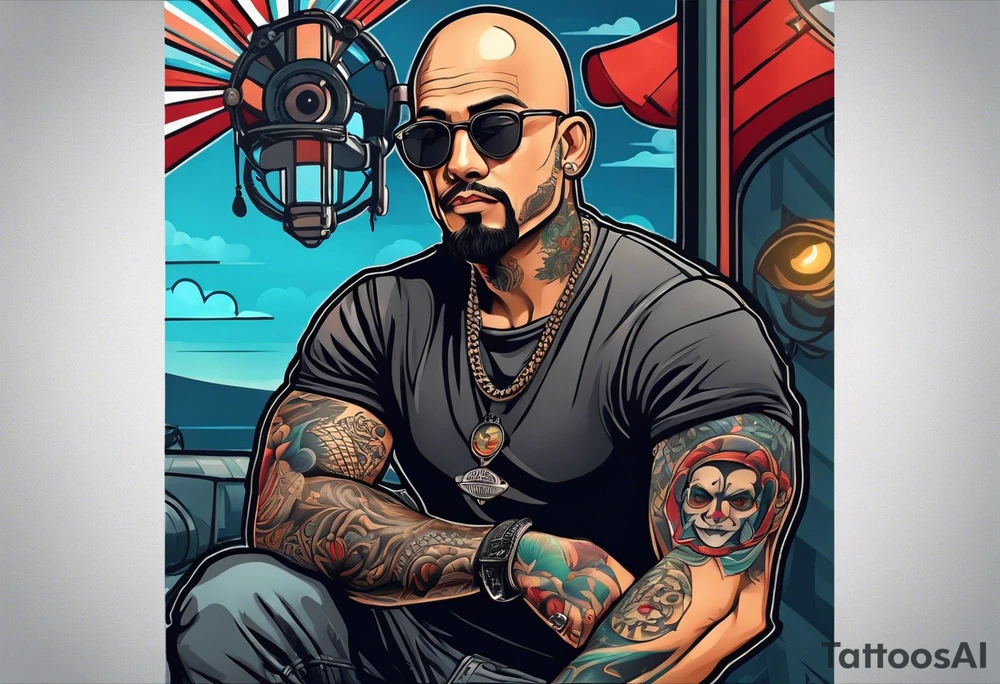Male, slim oval face, sunken eyes, ray-bans, no hair on sides and pony-tail on top, mechanic tattoo idea