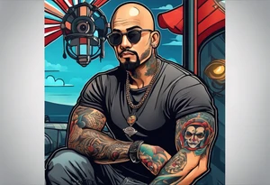 Male, slim oval face, sunken eyes, ray-bans, no hair on sides and pony-tail on top, mechanic tattoo idea
