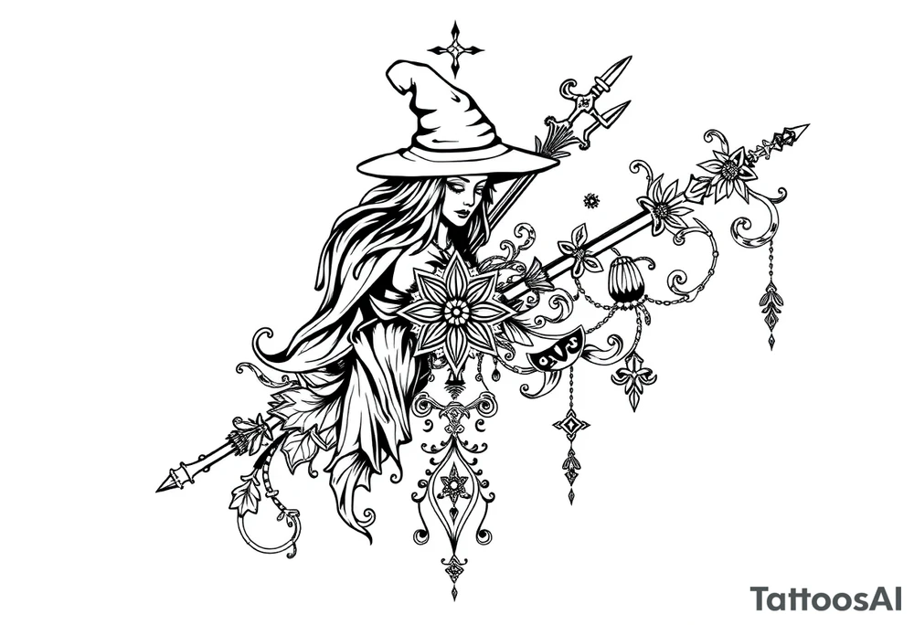 mystical and long ornament with witch mytolog and ancient rhyme tattoo idea