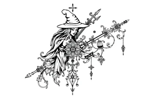 mystical and long ornament with witch mytolog and ancient rhyme tattoo idea