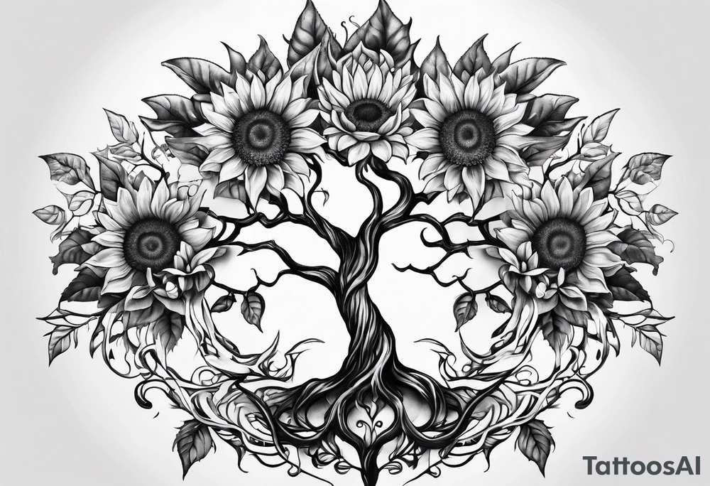 Feminine Yggdrasil tree with 2 sunflowers tattoo idea