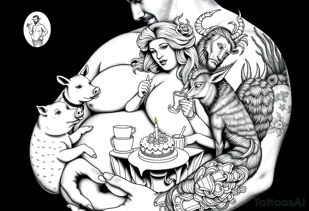 Sexy naked fat lady having a tea party with a pig, peacock, noose, lion, goat, smoking cigerettes looking in the mirror having sex with a man eating a cake tattoo idea