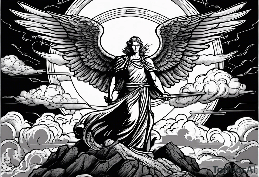 Michael the Archangel standing on top of the devil laying over hot lava.  Clouds and lightning in background. tattoo idea