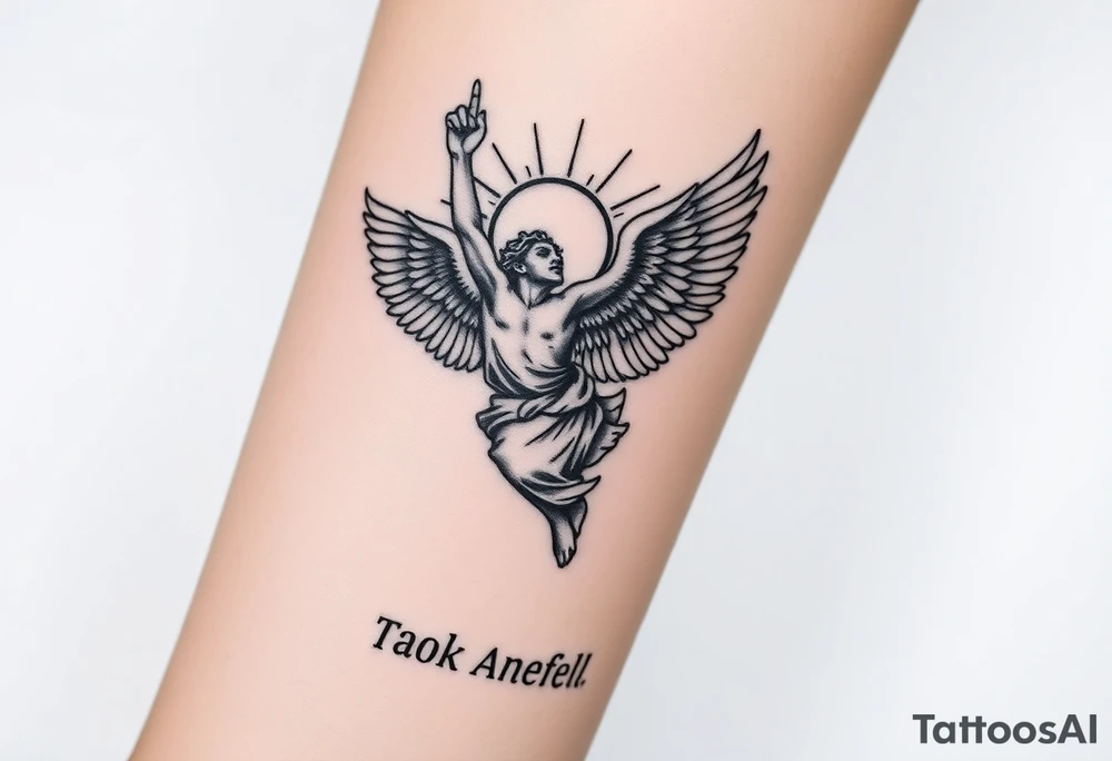 Angel falling with one hand pointed up towards a Greek like sun, with top left saying “you only fall” and the bottom right saying “to soar once again” with the font matching the majesty of the angel and sun. I want this vertically and I want the angel to be realistic, a man kinda like Lucifer falling but without the devil aspects tattoo idea