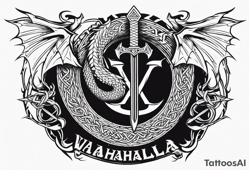 Valhalla sword shield dragon axe Valknut barbed wire chains tattoo idea Valhalla sword shield dragon axe Valknut barbed wire chains tattoo idea