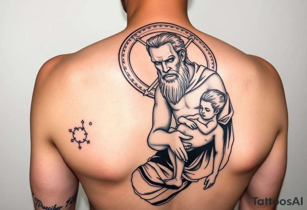 a tattoo design of the Greek God Saturn but older and nearly dying holding his spear, in his other arms cradling a twin dying younger version of himself. The gemini constellation is in the background behind the Saturn Gods. Long vertical form as this will be on a thigh - include the planet Saturn rings going round the design tattoo idea