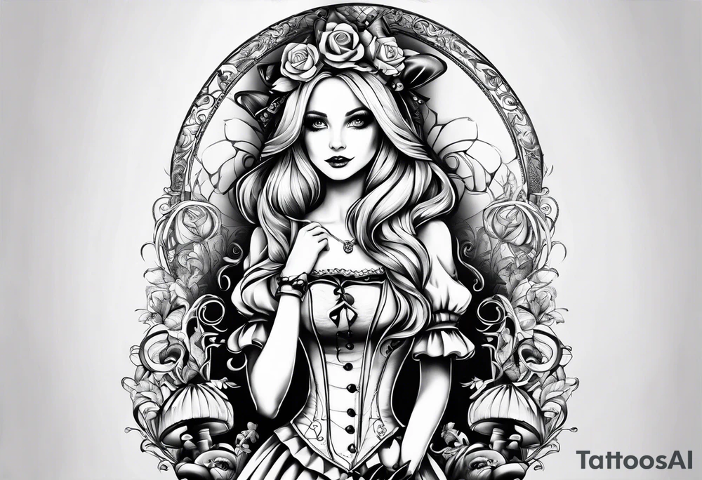 full arm sleeve very dark Alice in wonderland tattoo idea