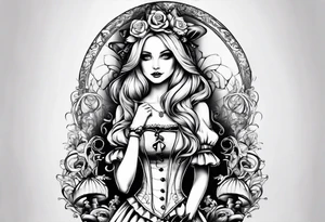 full arm sleeve very dark Alice in wonderland tattoo idea