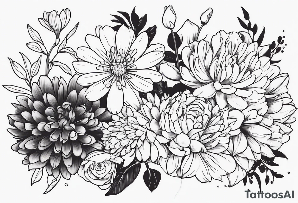 Asters, roses, lily of the valley, and chrysanthemums in a long line tattoo idea