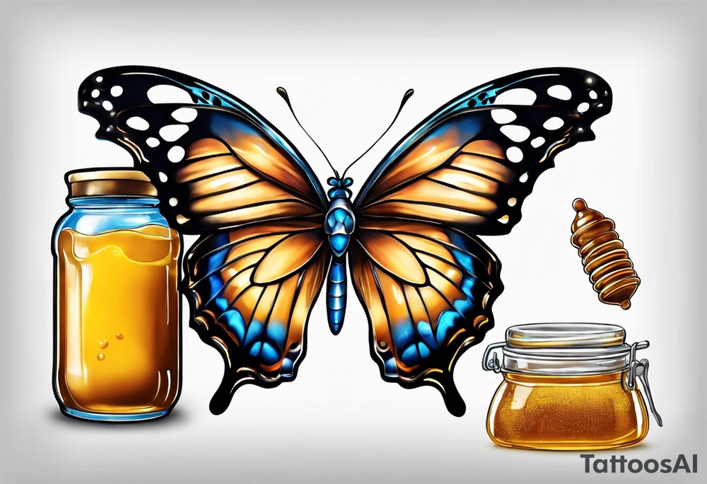Blue morpho butterfly with a glass jar of honey tattoo idea