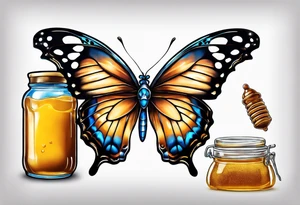 Blue morpho butterfly with a glass jar of honey tattoo idea