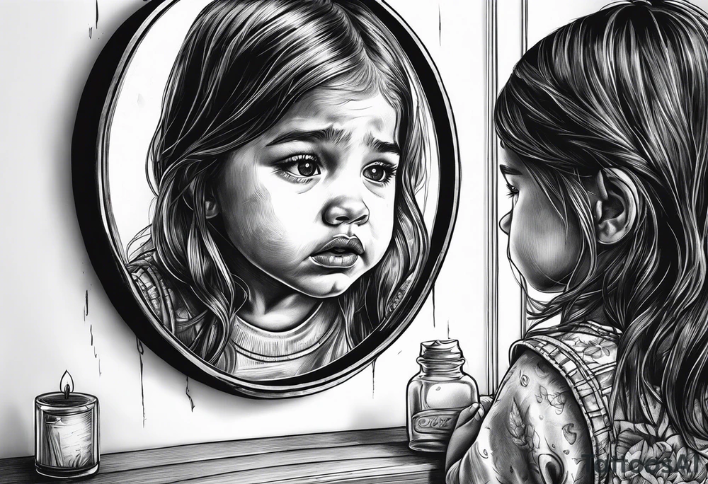 Little girl crying in the mirror with older self reflection tattoo idea Little girl crying in the mirror with older self reflection tattoo idea