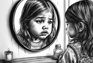 Little girl crying in the mirror with older self reflection tattoo idea
