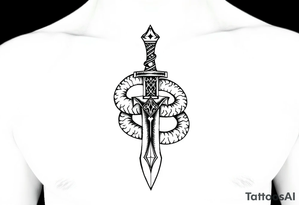 mystical snake coiled around an ancient dagger with jeweled hilt tattoo idea