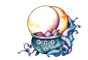 celestial sun and moon with constellation patterns runes in galaxy coming out of witch cauldron tattoo idea