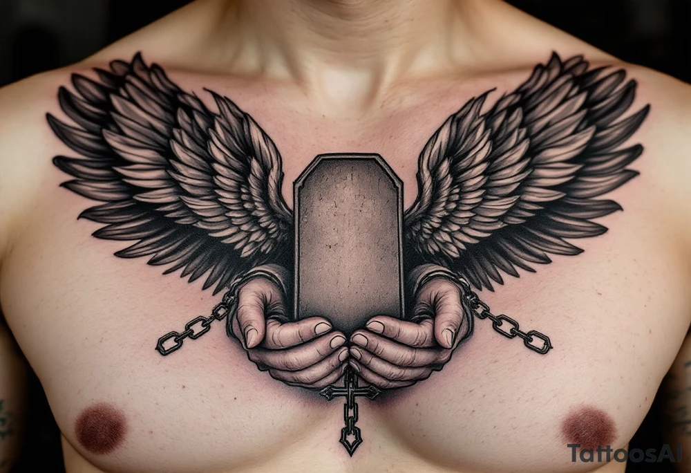 Angel hold headstone in hands with a cross chain hanging down with large wings tattoo idea