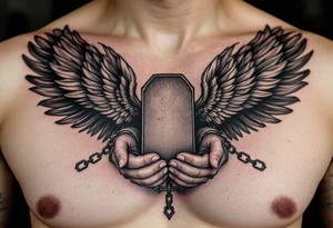 Angel hold headstone in hands with a cross chain hanging down with large wings tattoo idea