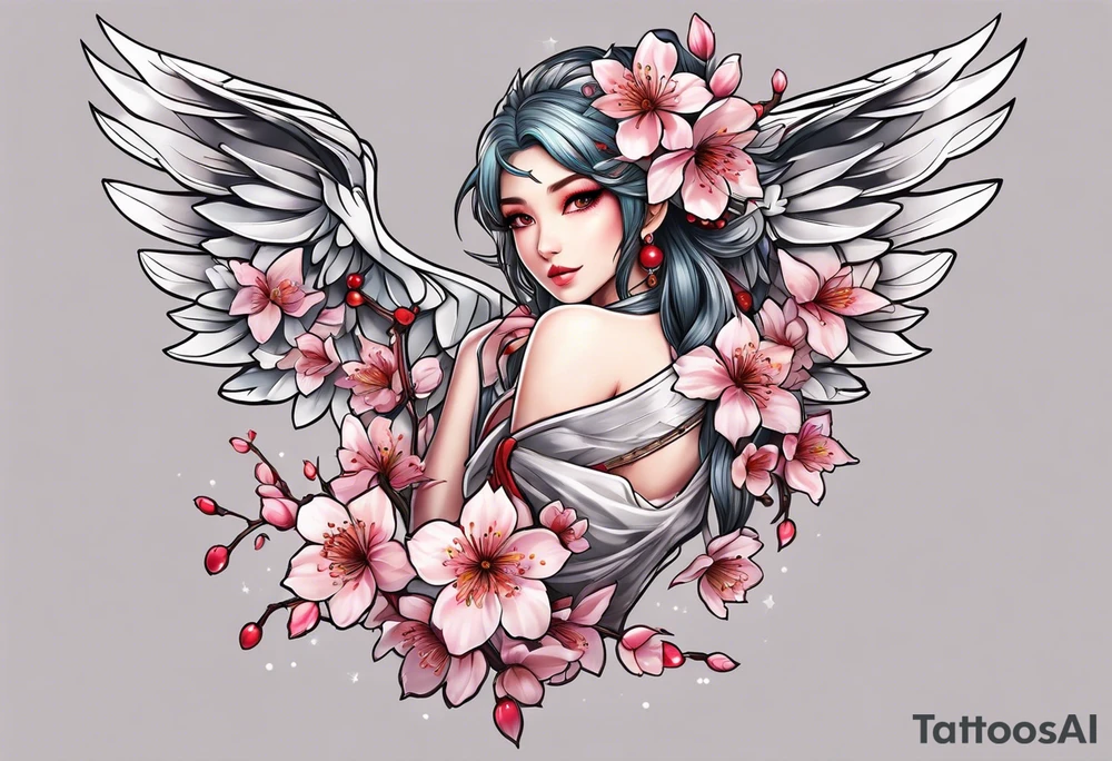 Sakura elf Cherry blossoms full body wings tattoo idea