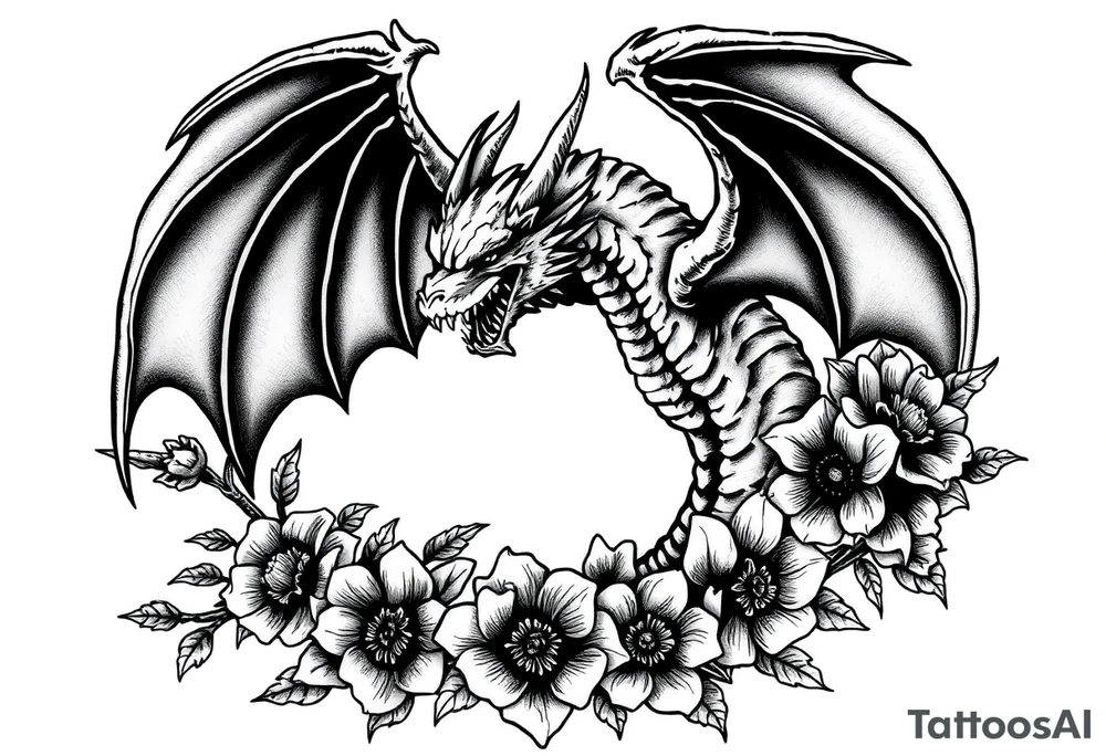 scary dragon with sharp wings and death flowers tattoo idea