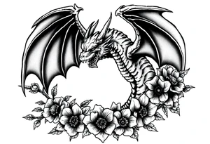 scary dragon with sharp wings and death flowers tattoo idea