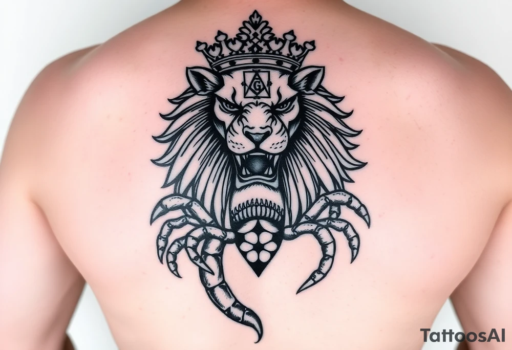 Full arm tattoo, Poseidon , a powerful and majestic lion with a crown and in the middle of this crown a square is a freemason's compass, a realistic scorpion, tattoo idea