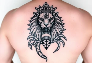 Full arm tattoo, Poseidon , a powerful and majestic lion with a crown and in the middle of this crown a square is a freemason's compass, a realistic scorpion, tattoo idea