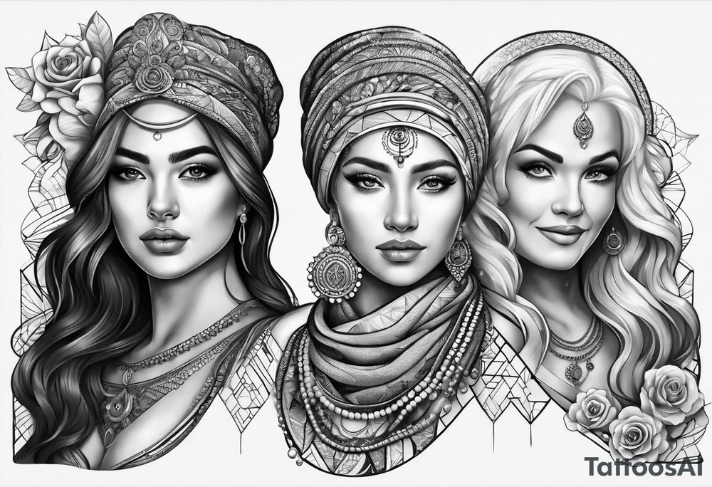 three person side by side. a really young Daughter on the left, mother in the middle, really old grandmother on the right. greater age difference tattoo idea