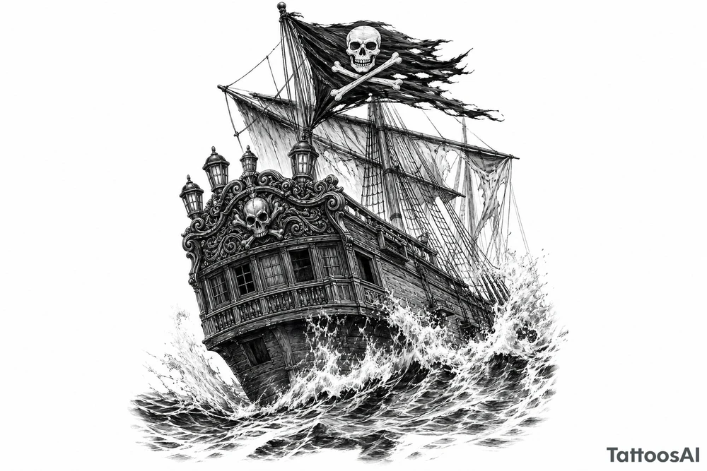 Detailed pirate ship stern, waves crashing over deck, tattered Jolly Roger flag. tattoo idea
