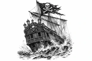 Detailed pirate ship stern, waves crashing over deck, tattered Jolly Roger flag. tattoo idea