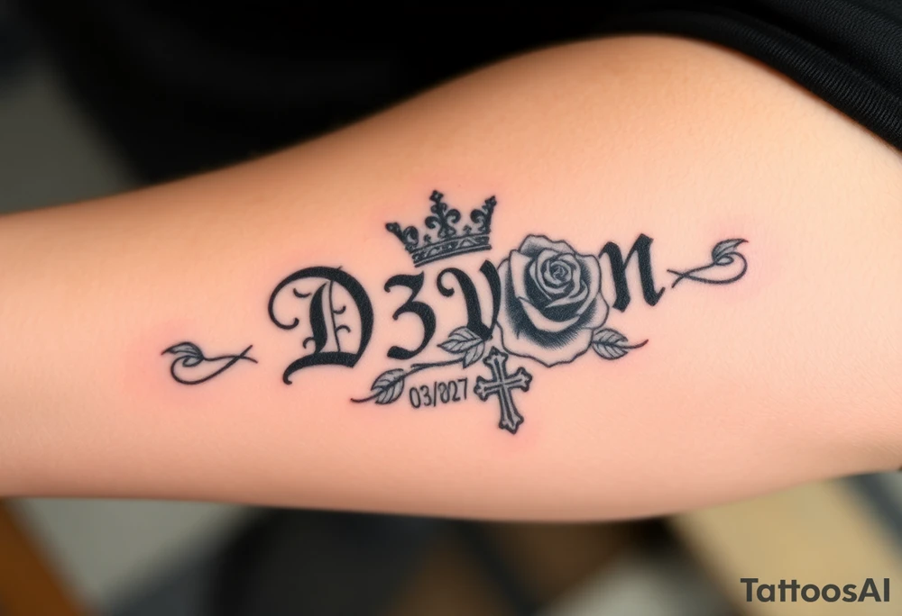 Name D3von with a crown and rose and cross and 03/27/07 tattoo idea