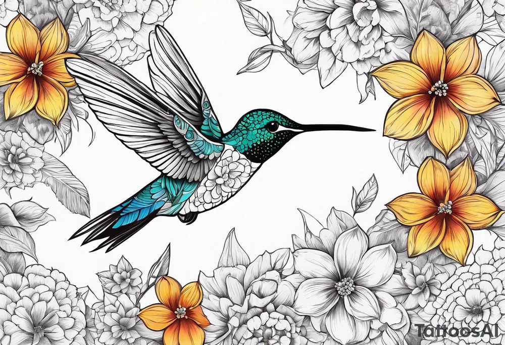 Flowers, colorful, horizontal, botanical, mandala background with hummingbird in the middle tattoo idea