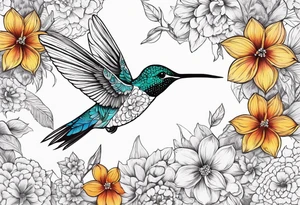 Flowers, colorful, horizontal, botanical, mandala background with hummingbird in the middle tattoo idea