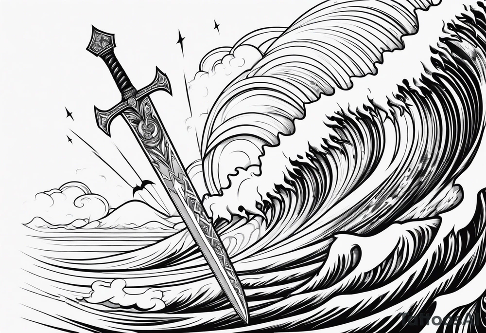 Line art, sword, lightning bolt and waves tattoo idea