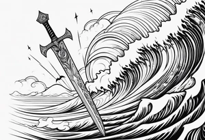 Line art, sword, lightning bolt and waves tattoo idea
