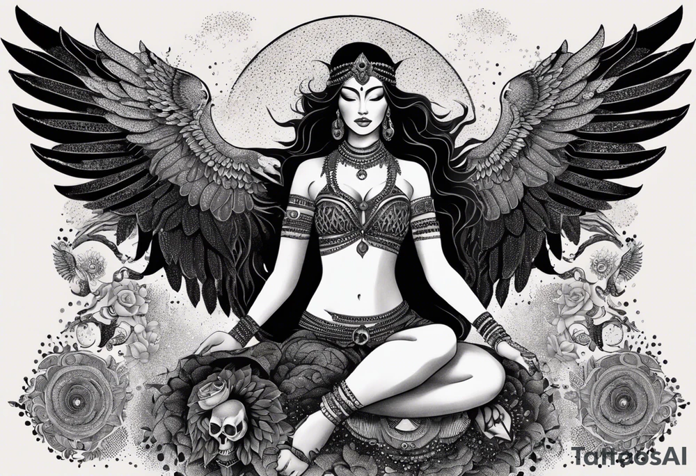 black kali, goddess pirate, alien, angel, pachamama, valkrye, warrior, flying, skull, lotus azul, wing, eagle, zenza resonance, stars, 5D, anahata chakra, death, durga, riding on a tiger, flying lady, kundalini, chest tatoo, samuri, rebel,serpent tattoo idea