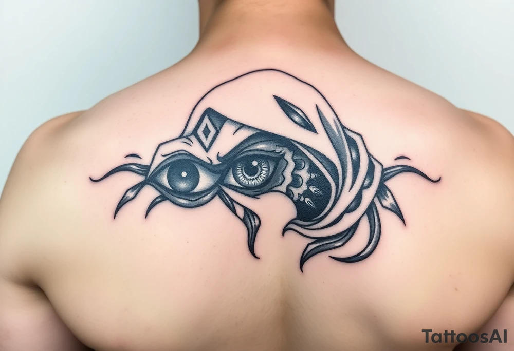 create me a sauske tattoo from where he is holding his eye and rinnegon in his other but he has both eyes and his cloak like usually and provide more detail and this will be a shoulder tattoo tattoo idea