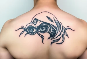 create me a sauske tattoo from where he is holding his eye and rinnegon in his other but he has both eyes and his cloak like usually and provide more detail and this will be a shoulder tattoo tattoo idea