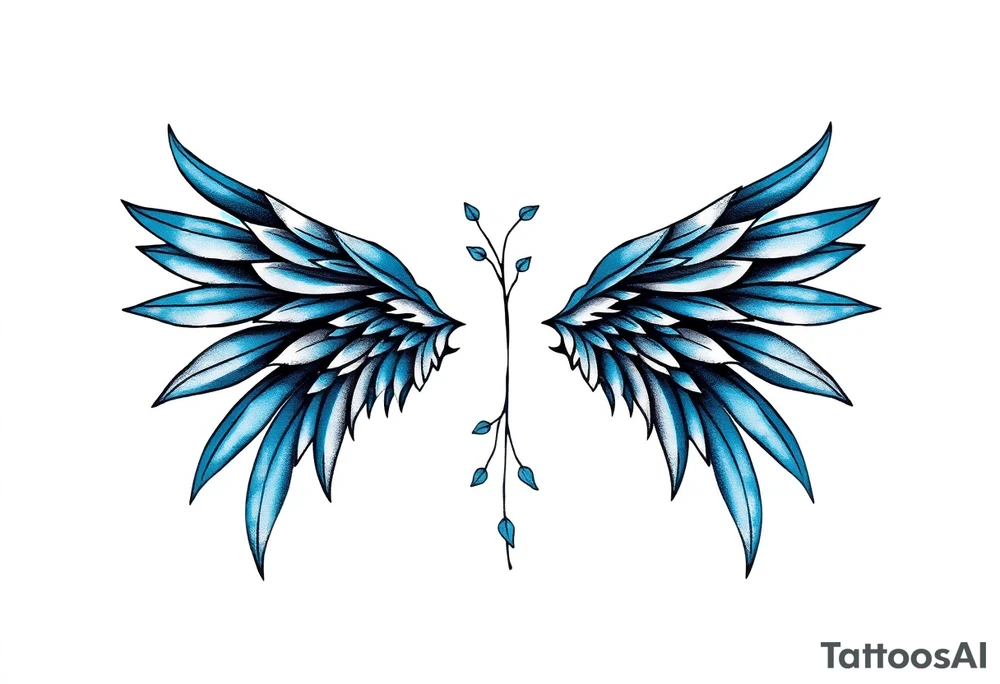 A minimalist wings tattoo that represents a shattered and betrayed gemini woman who fought hard throughout this year. With colors blue and black. Make it unique and rare. Without leaves and stem. tattoo idea