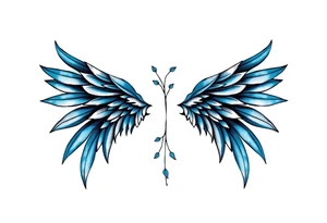 A minimalist wings tattoo that represents a shattered and betrayed gemini woman who fought hard throughout this year. With colors blue and black. Make it unique and rare. Without leaves and stem. tattoo idea