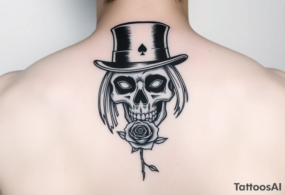 A skull with long straight hair wearing a top hat with an ace of spades in the brim and a rose in its mouth tattoo idea