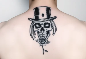 A skull with long straight hair wearing a top hat with an ace of spades in the brim and a rose in its mouth tattoo idea