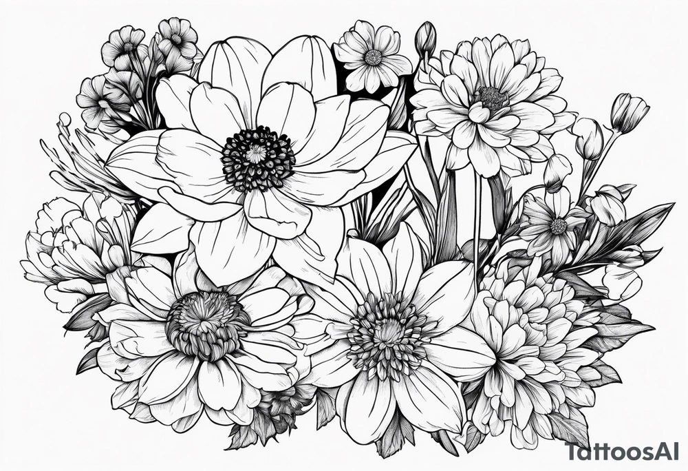 Narcissus, Chrysanthemum, Cosmos, snow drop flowers in a bouquet that shows all stems to the flowers tattoo idea