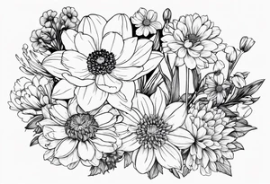 Narcissus, Chrysanthemum, Cosmos, snow drop flowers in a bouquet that shows all stems to the flowers tattoo idea
