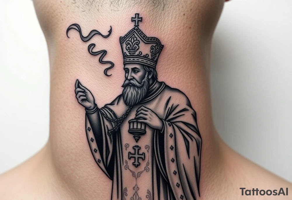 Russian Orthodox Priest in a fully detailed gold vestment swinging a censer with smoke curling upward tattoo idea