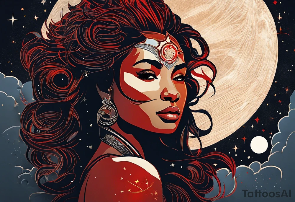 women turning to her side with a small leo zodiac symbol on her forehead, lion scratch scar on her eye and stars, moon and sun floating behind her head. however at the bottom  have her blend away like a smoke effect, you can use Stars or clouds to help fill in space. Also create a somewhat Smokey thin red line wrapping going from the back of the neck to the pinky and overlapping the woman tattoo as well. tattoo idea